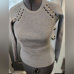 Iz Byer Light Gray Lace-Up Crew Neck Sweater